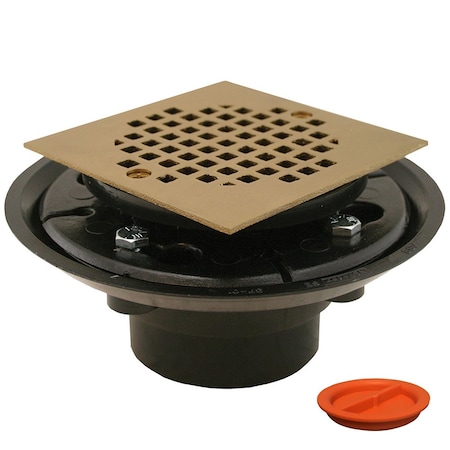 Jones Stephens 2inX3in ABS Shower Drain, 2in ABS Spud, 4in Square Polished Brass Cast Strainer, Test Plug D50335TP